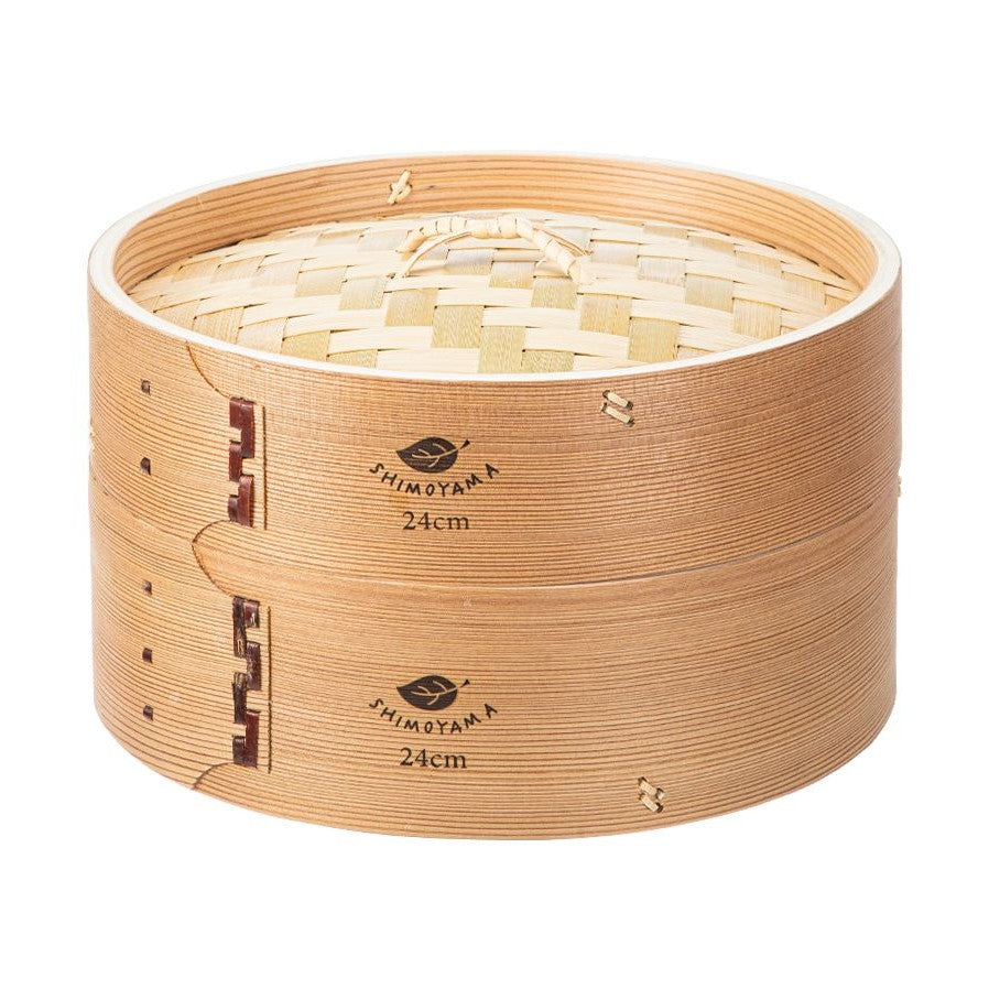 Two-tier cedar and bamboo steamer with a woven lid
