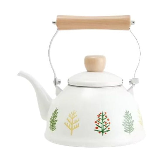 White enamel kettle with a painted tree motif and wooden handle