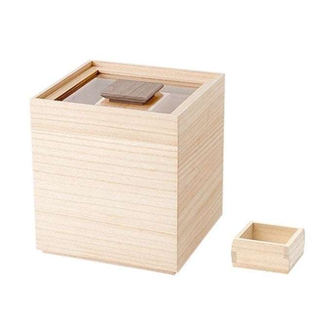Hinoki wood rice container with clear acrylic lid, walnut knob and wooden measuring cup